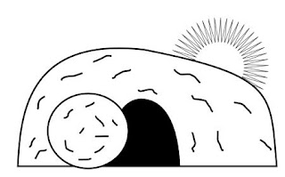 Jesus Christ's empty tomb coloring page black and white line art picture with sunrise background free Christian images and bible clip arts(cliparts) download