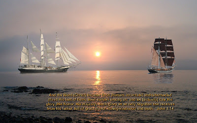 jeus christ verse wallpaper hot from rising sun between two ships in the middle of the ocean sea christian wallpaper pics fotos free download and the world christ became flesh humanincarnate and tabernacled fixed his tent of flesh lived awhile amoung us and we actually saw his glory his honor his majesty such glory as an only begotten son receivesfrom his father full of grace favour loving kindness and truth john 1:14 bible
