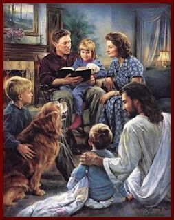 Children(kid) reading bible, playing at Jesus Christ, parents and dog with his family color drawing art picture