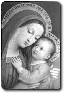 Mother Mary caring child Jesus in hands black and white art photo