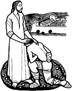 Coloring page of Jesus Christ miracle of healing the leper man and blessing him religious Bible story picture gallery
