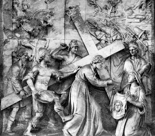 Jesus Christ carrying the wooden Cross and warriors beating sculpture drawing art gallery