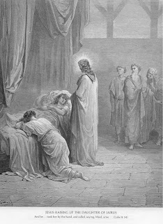 Jesus raising up the daughter of Jairus, and he... took her by the hand, and called, saying, Maid, arise....(Luke 8:54) bible verse black and white image download free Christian images