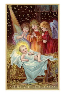 Angles praying to Jesus as his smiles in the crib during Christmas day - The birth of Jesus Merry Christmas letters greeting download free Christian Christmas images