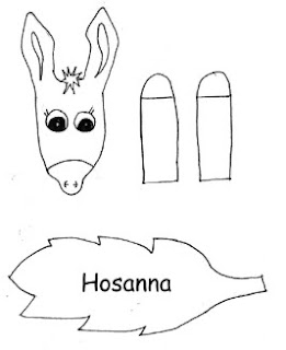 Printable of donkey face, donkey legs, and leaf reading "hosanna"