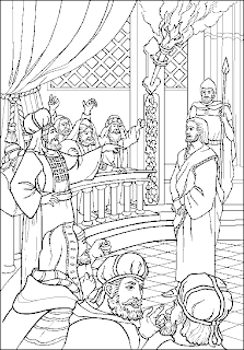 Coloring page of Jesus in front of crowd in trial
