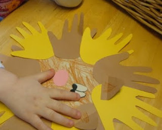 Paper lion face made of paper handprint cutouts