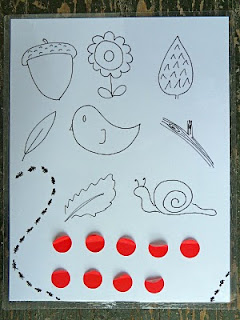 Coloring page with red stickers, animals and plants