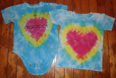 Finished Sacred Heart and Immaculate Heart tie-dye onesie and shirt