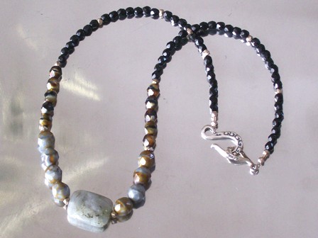 Labradorite faceted rectangle centerpiece, beautiful glass beads, sterling silver findings - $