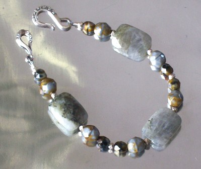 Labradorite faceted rectangles and unusual gray and brown beads, bracelet - $24