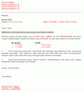 Contoh Surat Rayuan Saman Pdrm