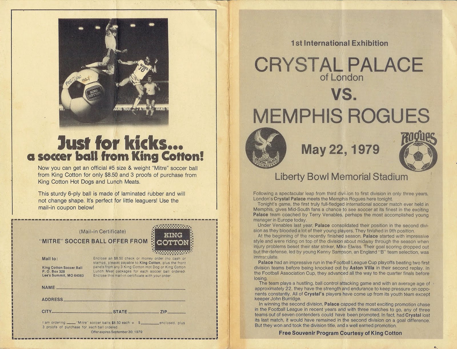 THE MEMPHIS ROGUES MEMPHIS ROGUES vs CRYSTAL PALACE FC, 1979