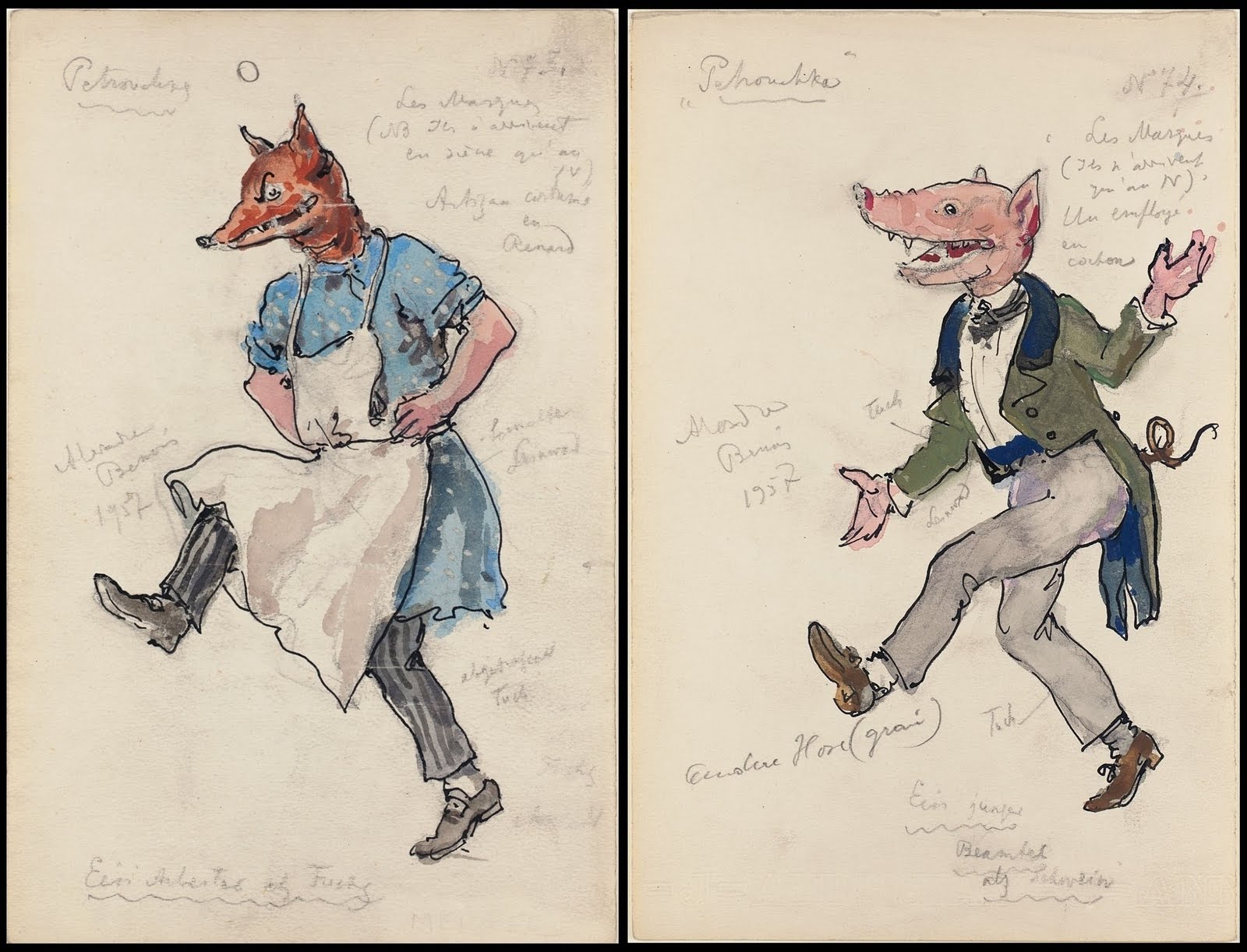 anthropomorphic pig and fox drawings for the ballet, Petrushka