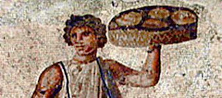 Ancient Roman mosaic of slaves serving food at a banquet from Carthage 3rd century CE