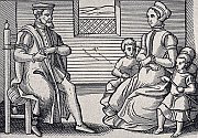 a black and white contemporary print of a Puritan family ca1563
