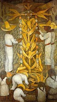 A color photo of The Corn Festival (La fiesta de maíz) Court of Fiestas fresco in the Ministry of Education, Mexico City, from the cycle Political Vision of the Mexican People, by Diego Rivera 1923-4.