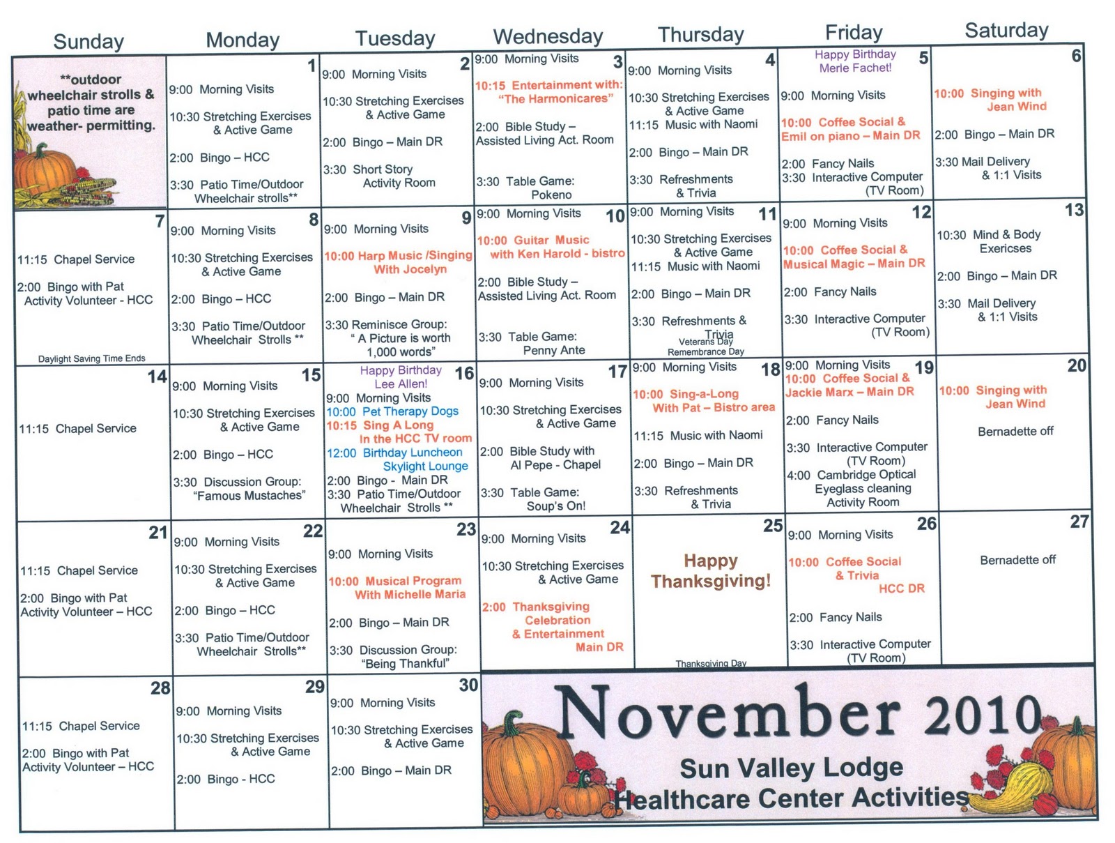 Retirement Life Care Journal November Skilled Nursing Activities