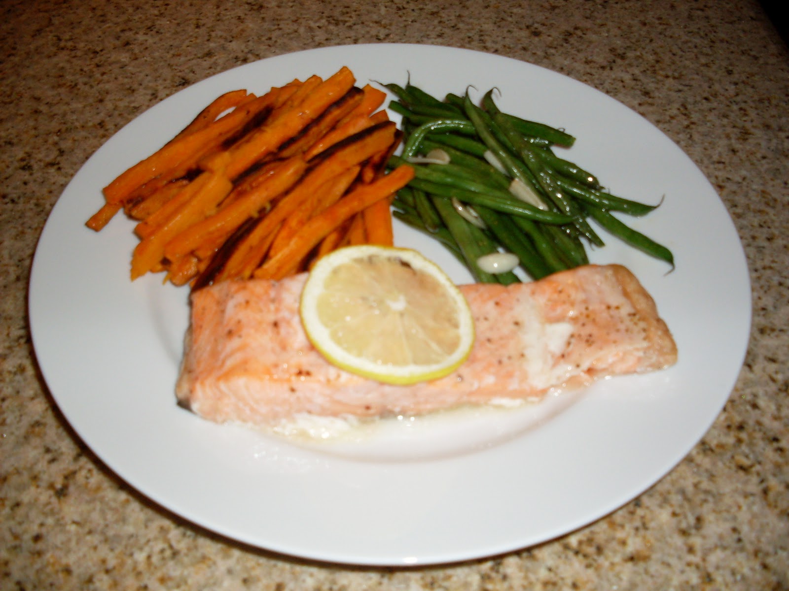 Domestic by Surprise Baked Salmon, Sweet Potato Fries and Haricot Verts