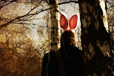 bunny ears, photography, masks, animal masks, pink furry bunny ears, in the woods