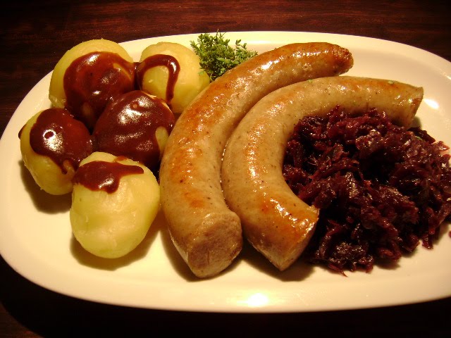 Danish Sausage boiled potatoes Red cabbage Brawn Sauce or greavy.