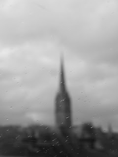 blurry view of Salisbury Cathedral spire in distance