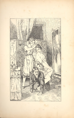 Illustration: woman sitting on man on all fours, second woman doing first's hair