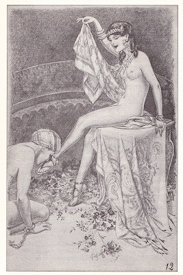 Man in turban and chains kissing foot of woman in quasi-Oriental headdress