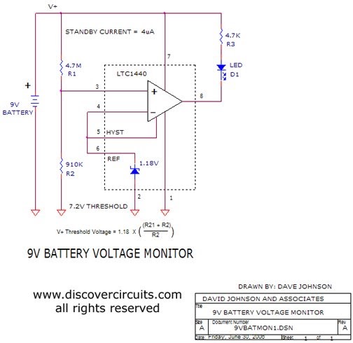 Electronic Parts and Schematic Diagram: 9v Battery Voltage Monitor