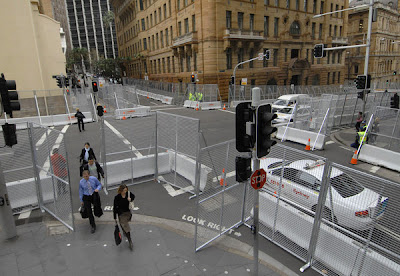 Deserted and fenced-in streets of Sydney. 