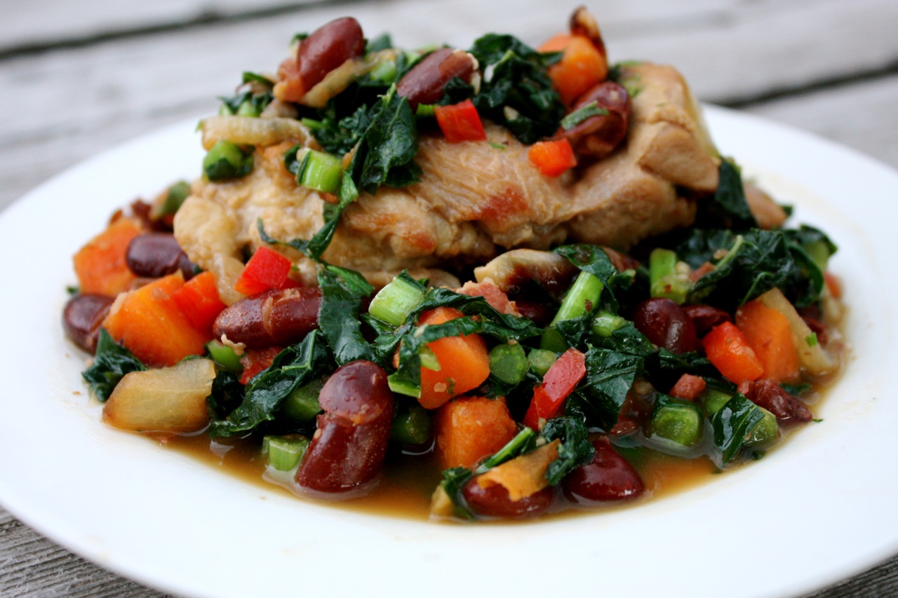 My Own Private Kitchen Bacon Braised Chicken with Kidney Beans and Kale