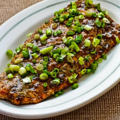 Roasted Wild Salmon with Soy-Wasabi-Agave Glaze and Green Onions