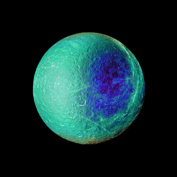 Elaborate image of Saturn's moon Rhea by the Cassini spacecraft