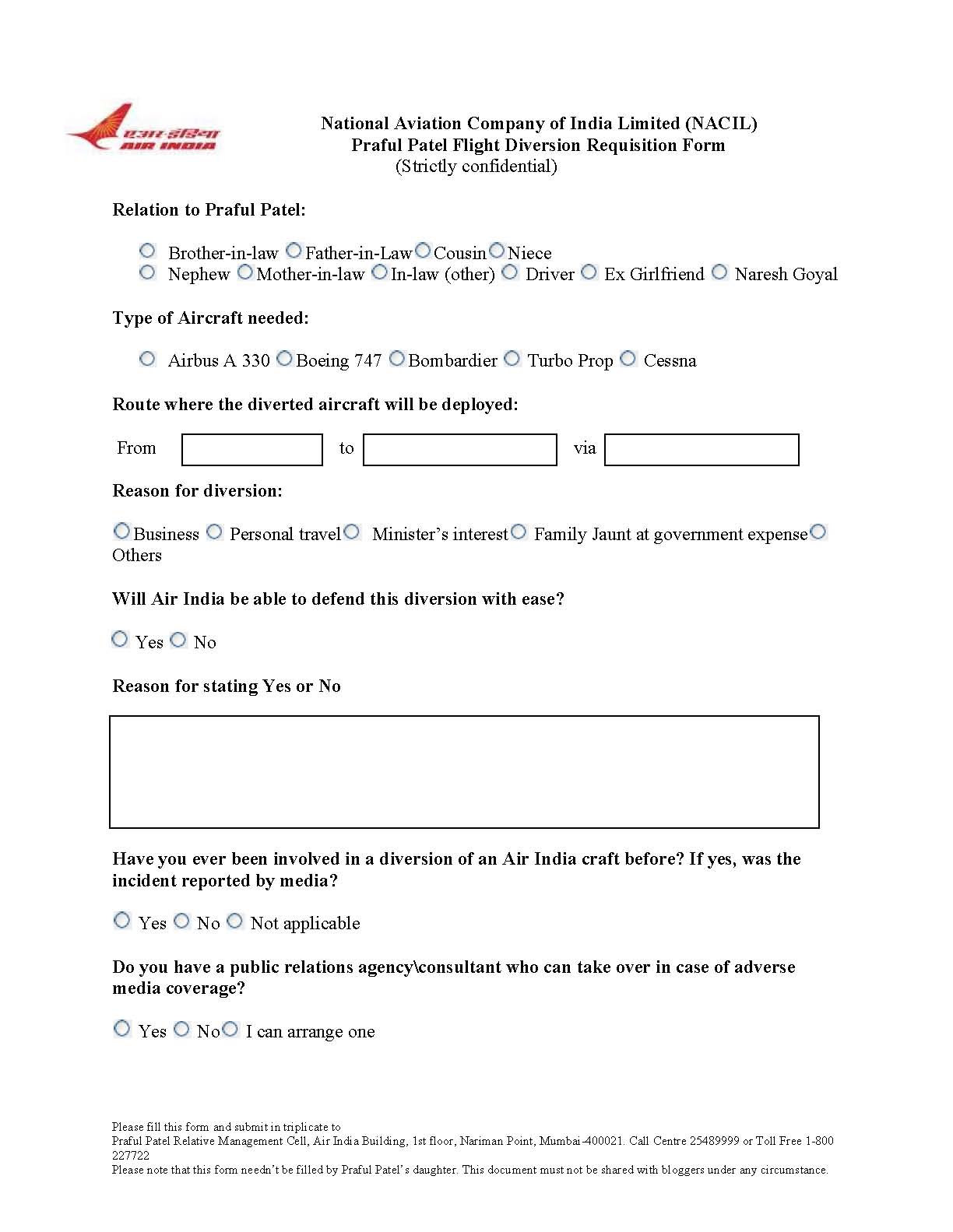 Air India introduces flight diversion form for Praful Patel's relatives