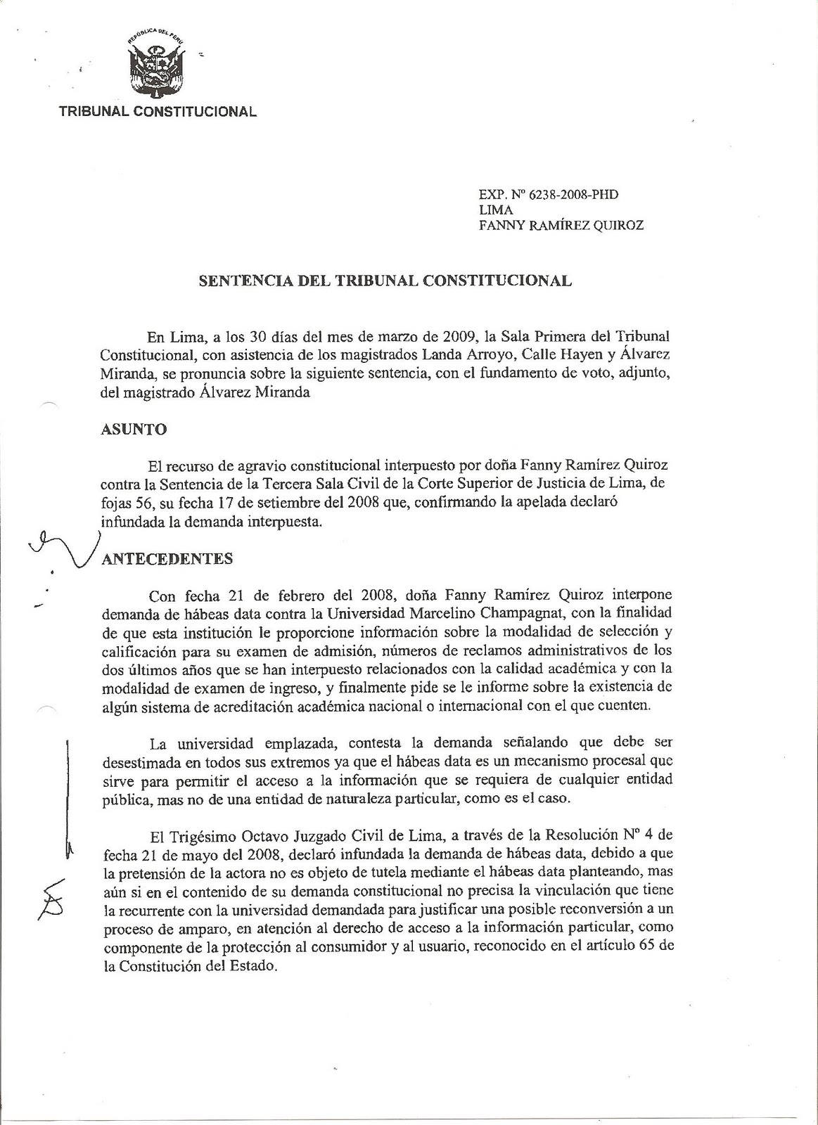 DEMOCRACIA PERUANA: SENTENCIA DEL TRIBUNAL CONSTITUCIONAL SOBRE HABEAS DATA
