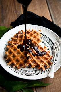 Orange cinnamon Belgian waffles with dark chocolate hot fudge from Desserts for Breakfast