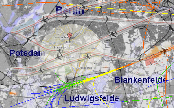 Kein Fluglärm über Teltow: Darstellung Alte und Neue Flugrouten
