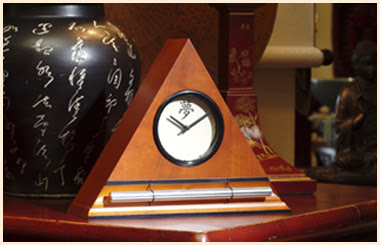 alarm clock with chime, triangular shape, wood