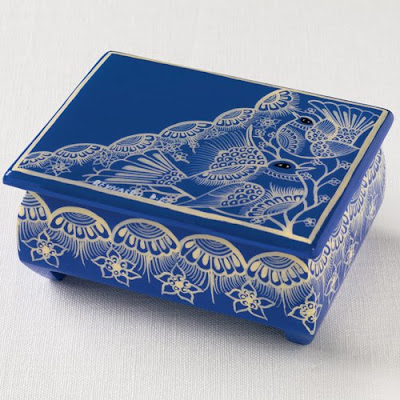blue lacquer box from Mexico with bird motif