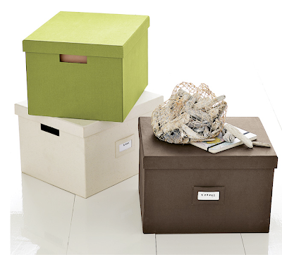 canvas file boxes in green, beige, brown