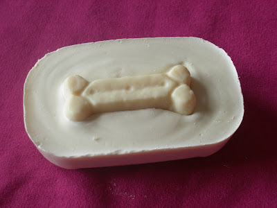 Photo of my dog bone bar of soap - bar of soap with a dog bone sitting on top (yes, it's all soap)