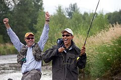Obama almost hooks a trout!