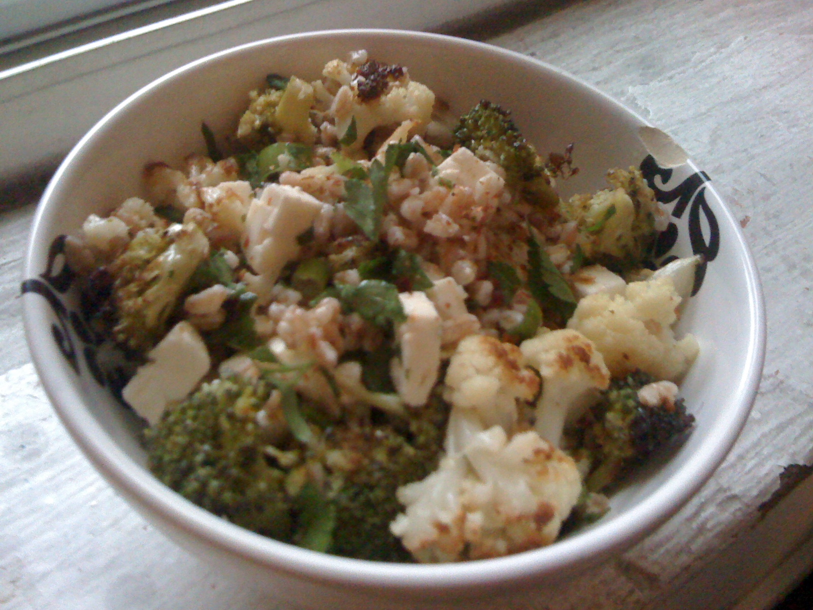 Navy Blue Kitchen Roasted Broccoli, Cauliflower, and Farro Salad with Feta