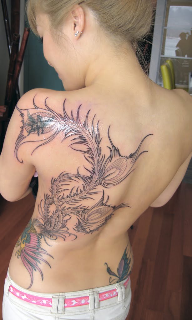 Peacock Feather Tattoo Design on Girls Back Body