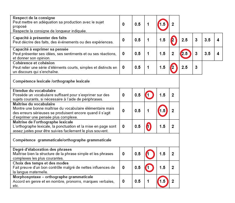 Mon blog en français Grille d'autoévaluation
