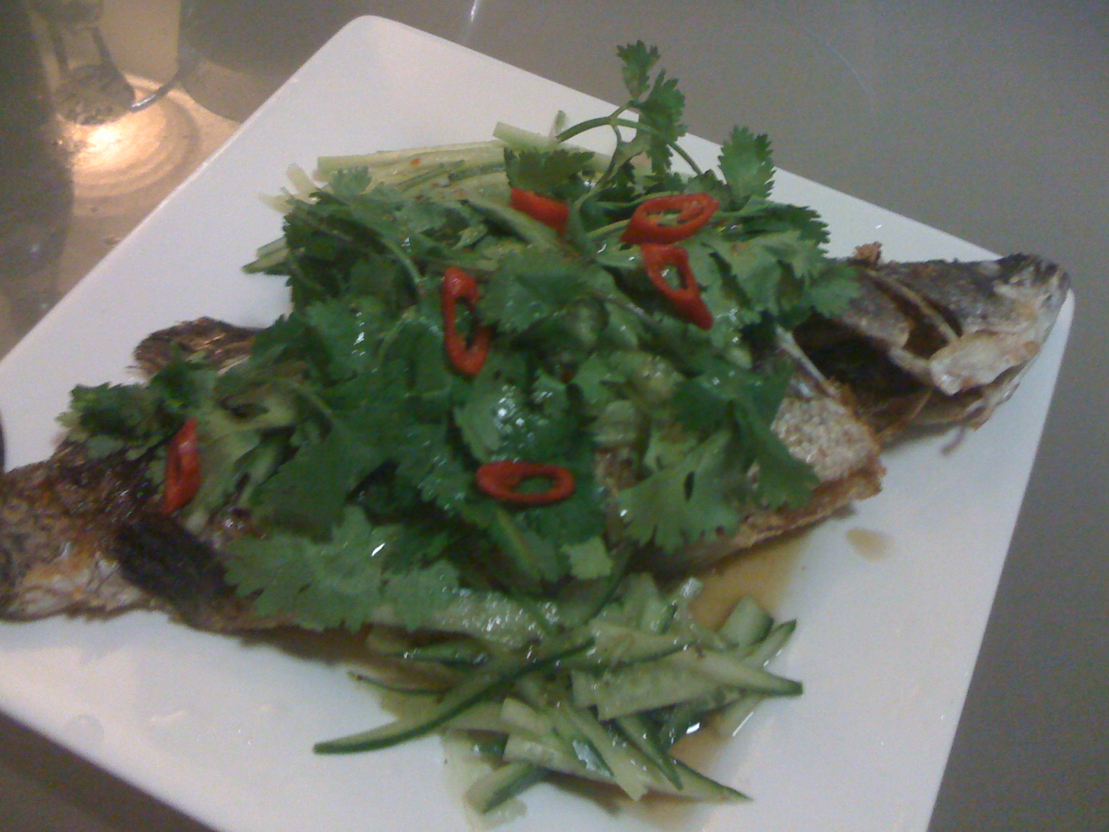 Yummy Mungbean Thai style Fried Fish with Cucumber and Coriander Salad