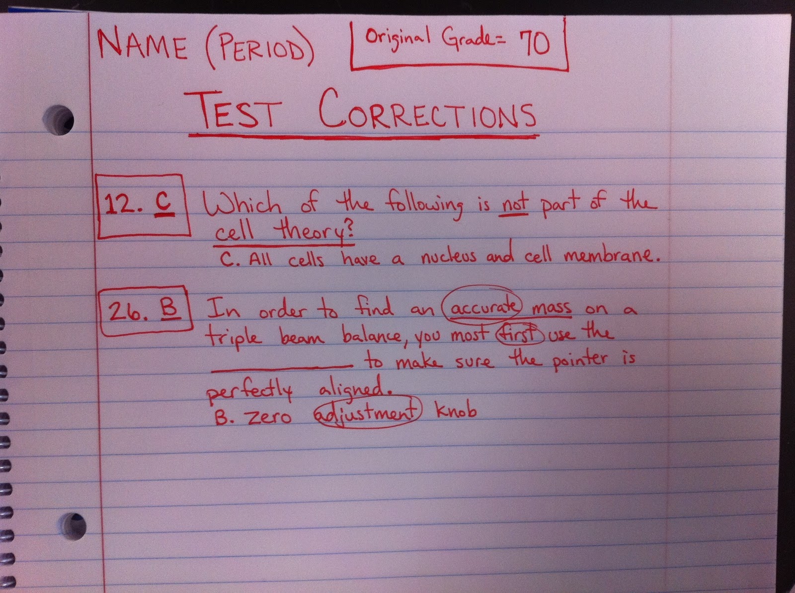 Test Correction Template