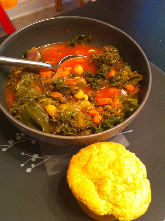 Kale and Collard Green Soup with Pumpkin Cornbread Muffins