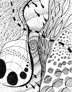 Surreal automatic (stream of consciousness) ink drawing of aquatic and alien  scene, fish 