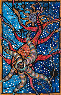 Surreal, automatic (stream of consciousness) watercolor, gouache and ink aquatic and alien like scene